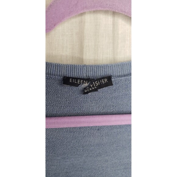 Eileen Fisher Knit Tunic Top Large Blue V neck Hi Lo 100% Merino Wool Lagenlook - Picture 3 of 6